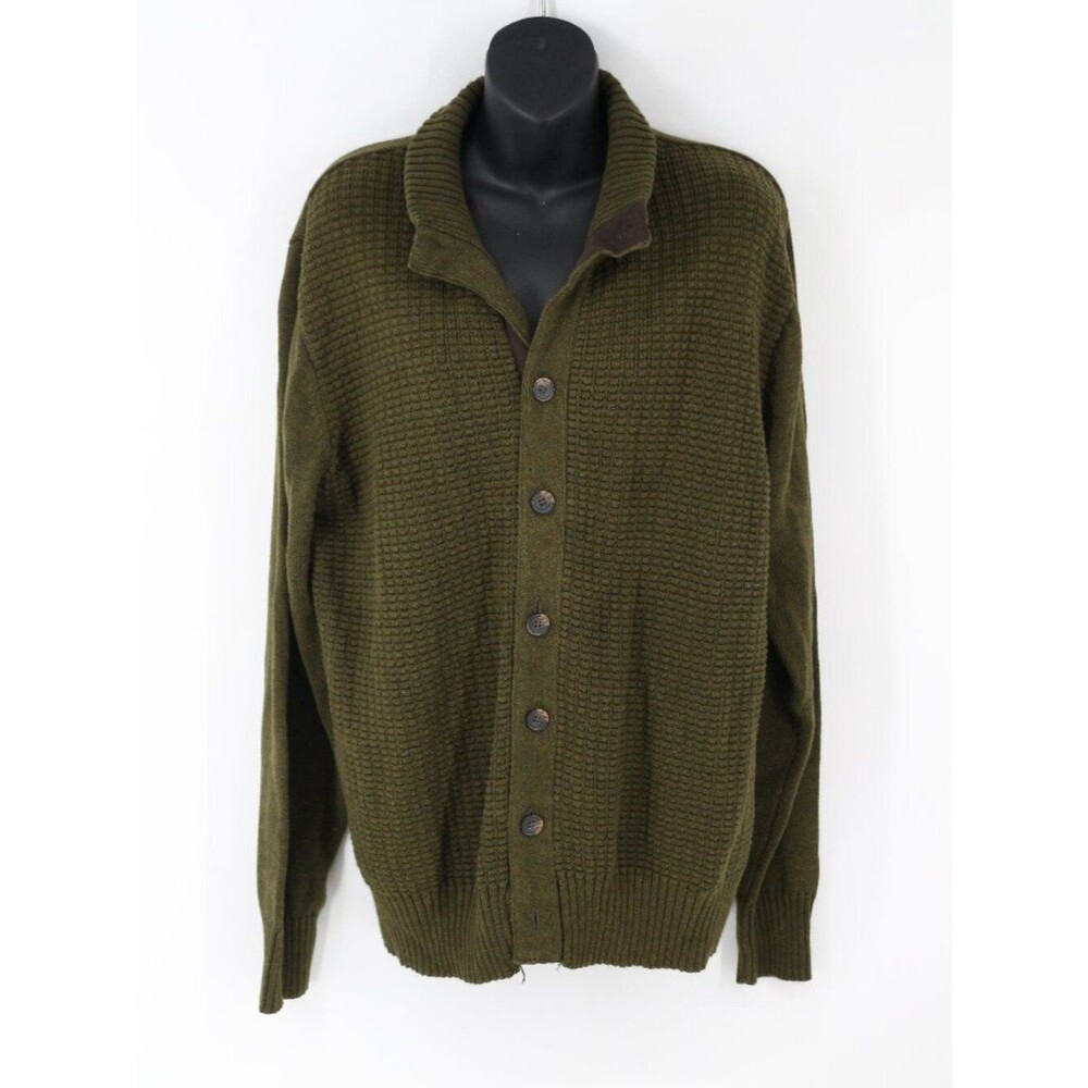 Oscar De La Renta Mens Olive Green Cardigan Knit Grandpa Sweater Fishermen